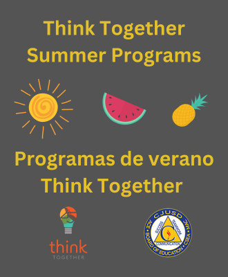  Words "think together summer programs with district log and art of sun, watermelon and pineapple 